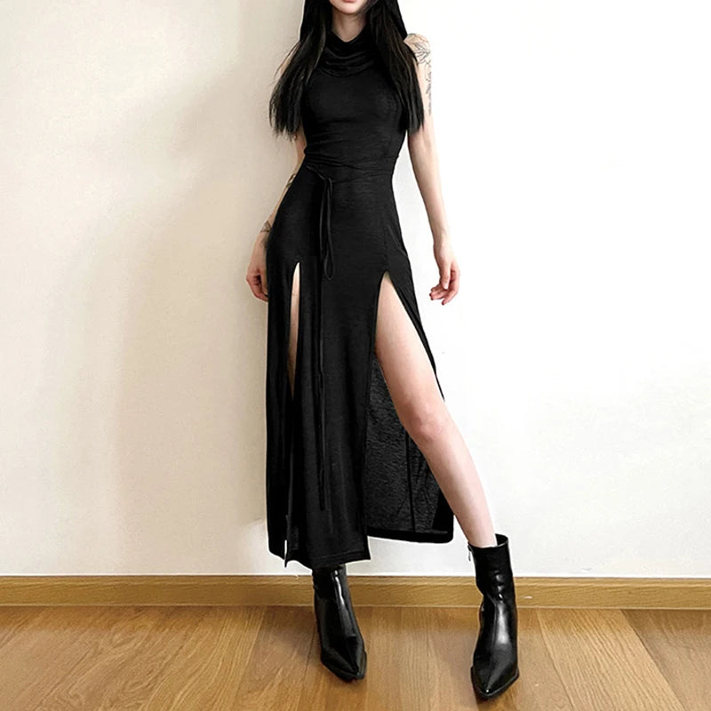 Gothic dress with a hood - black