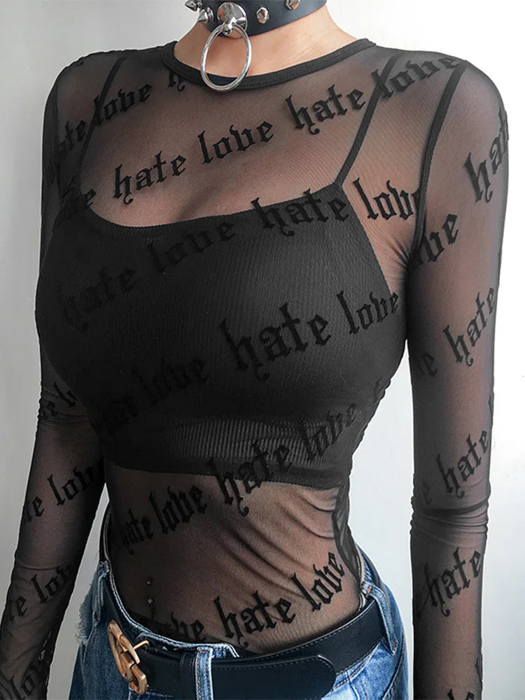 Transparentny top z motywem "hate love"