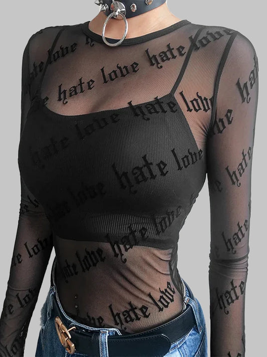 Transparentny top z motywem "hate love"