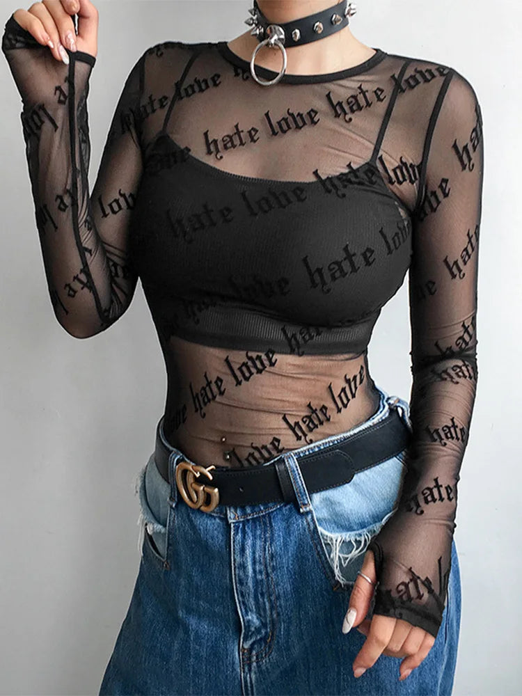 Transparentny top z motywem "hate love"