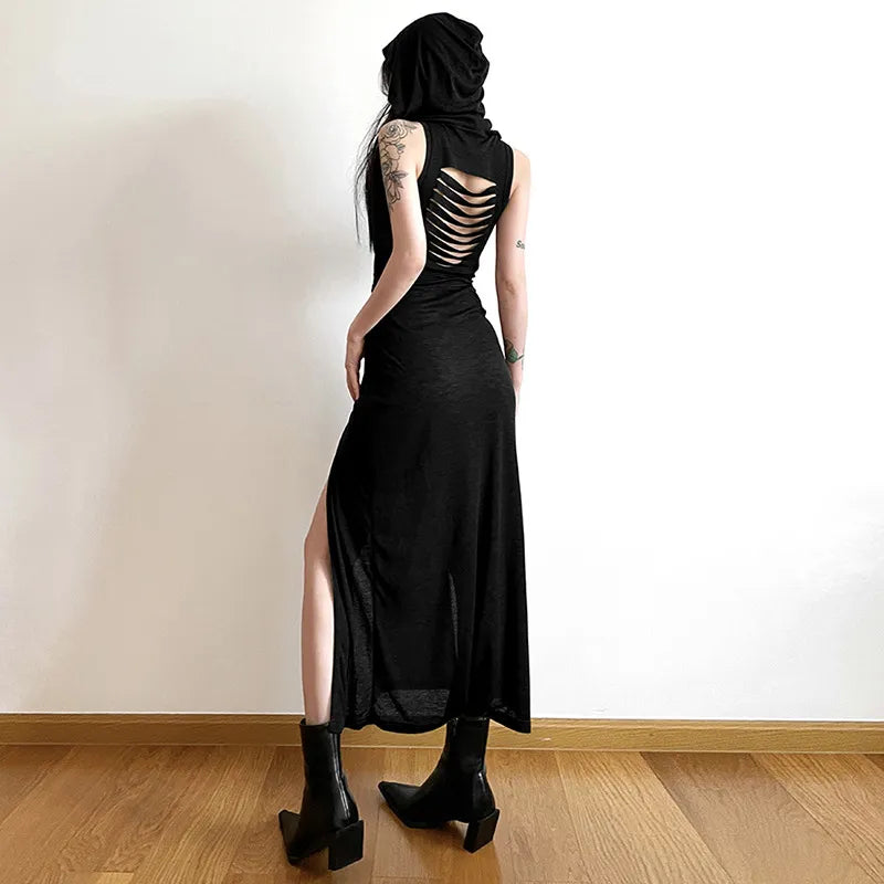 Gothic dress with a hood - black