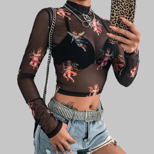 See-through gothic top with a cupid motif