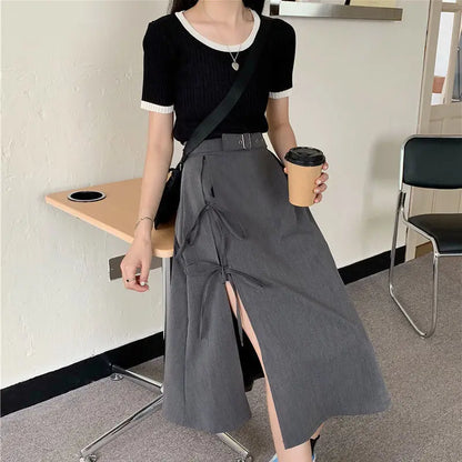 Gray long skirt with a cutout