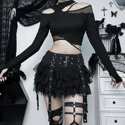 Black gothic skirt with ruffles and straps