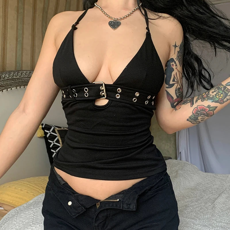 Black punk top with a belt under the bust