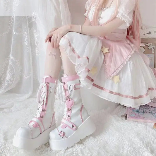 Buty gotyckie na platformie Kawaii - różowe