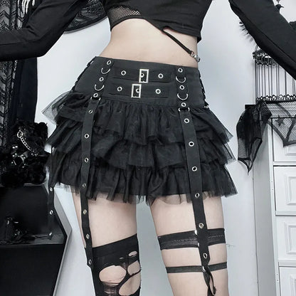 Black gothic skirt with ruffles and straps