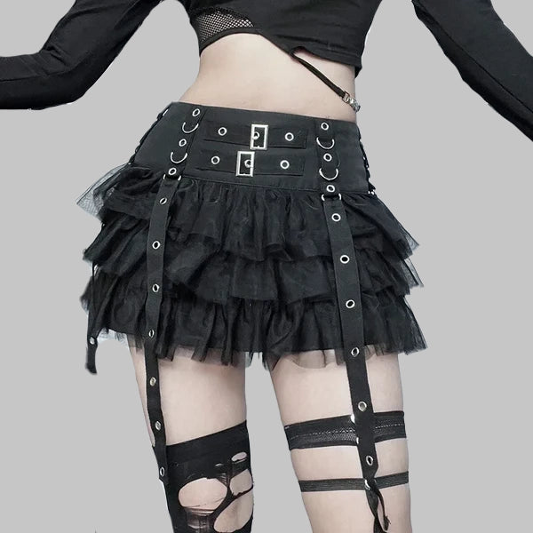 Black gothic skirt with ruffles and straps