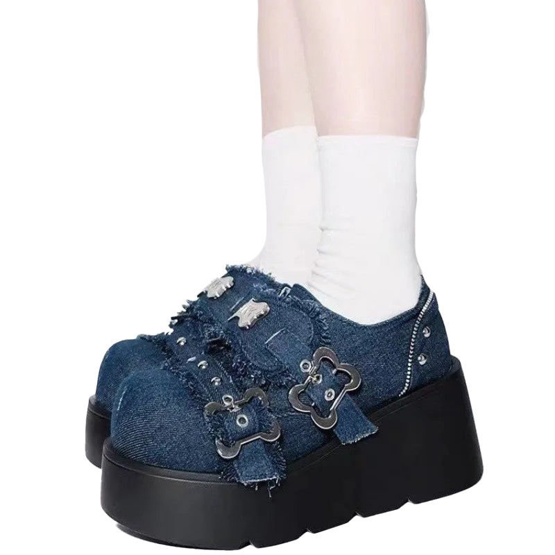 Wiosenne Punkowe buty na platformie - denim