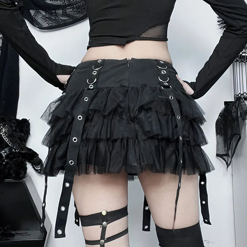 Black gothic skirt with ruffles and straps