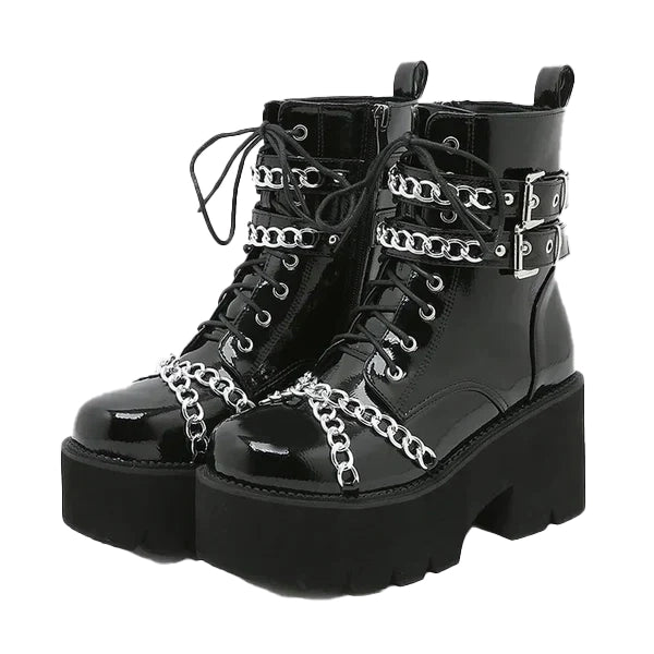 BLACK PLATFORM ANKLE BOOTS WITH CHAINS AND METAL STRAPES IN PUNK STYLE